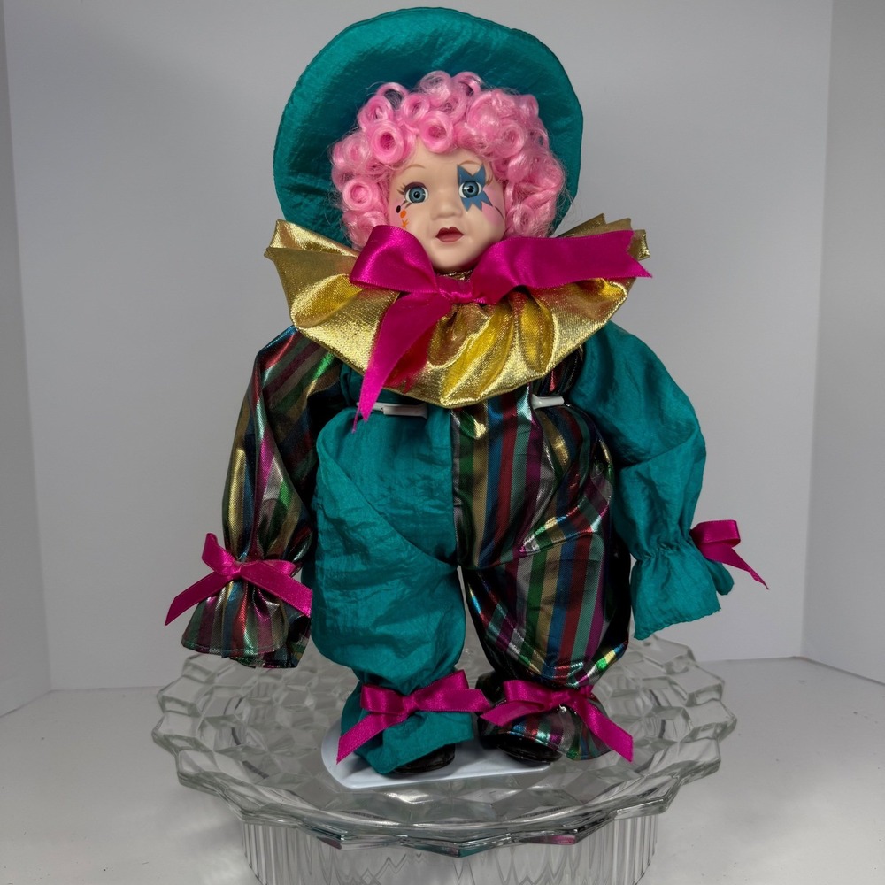 13 in‎ VINTAGE HAPPY CLOWN DOLL HAND PAINTED CERAMIC HEAD  + METAL STAND F17